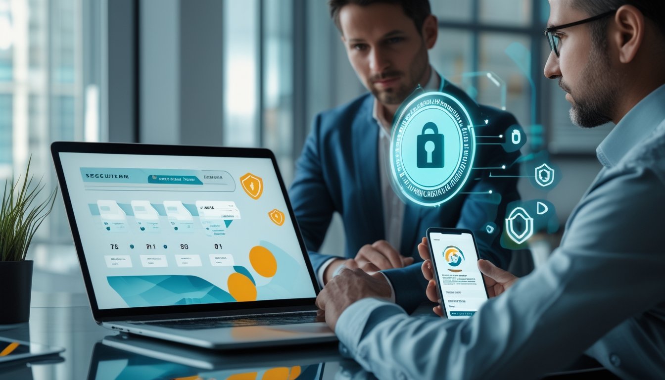Dua analis dewasa meninjau keamanan dan keandalan platform digital berbasis cryptocurrency di ruang kerja modern.