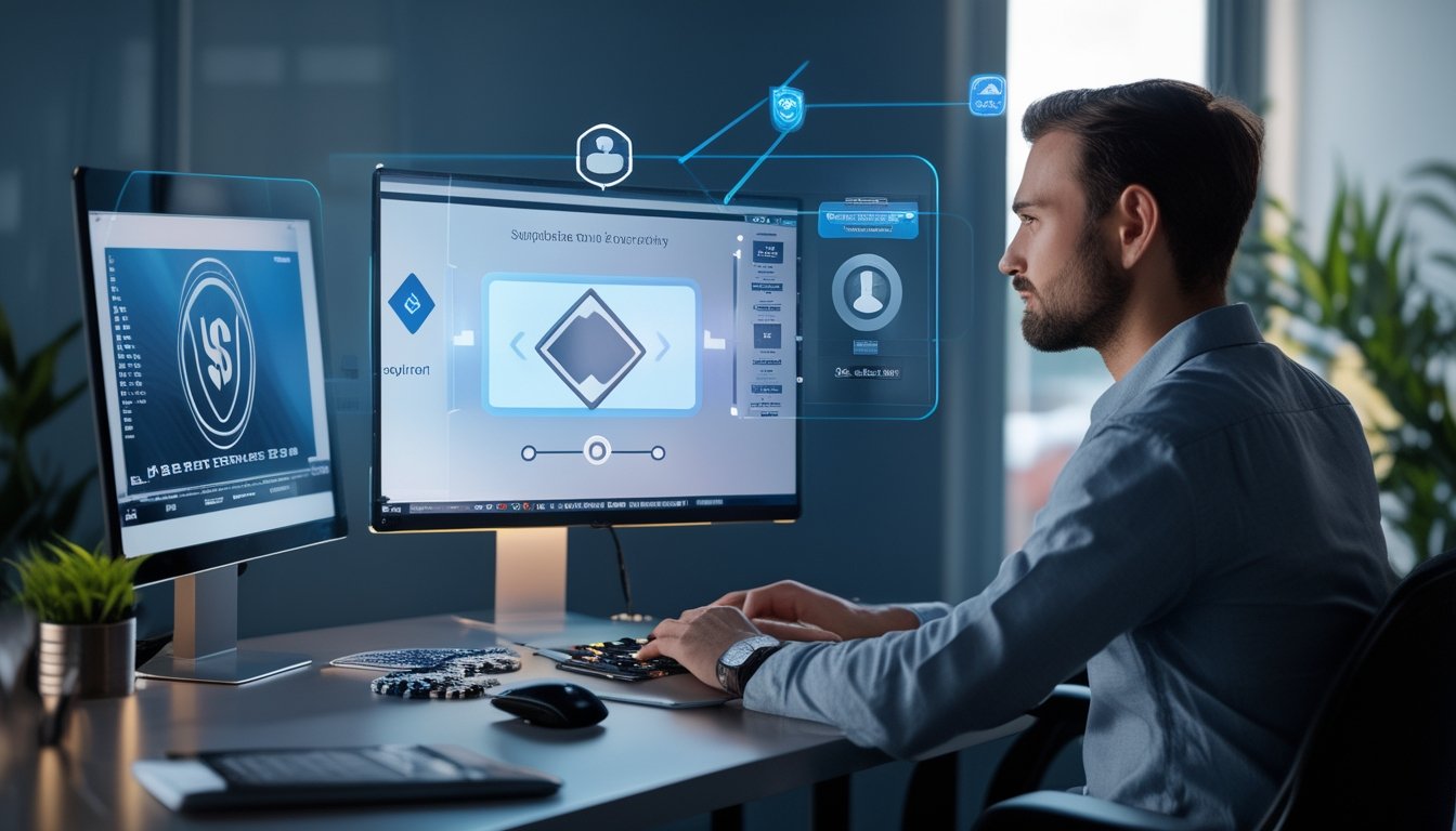 Orang dewasa bermain poker online di laptop dengan simbol keamanan digital dan deteksi kecurangan di meja kerja.