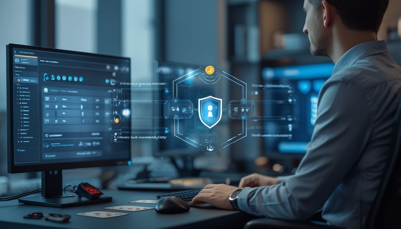 Seorang pemain dewasa melihat permainan kartu daring dengan simbol keamanan digital dan indikasi aktivitas bot mencurigakan.