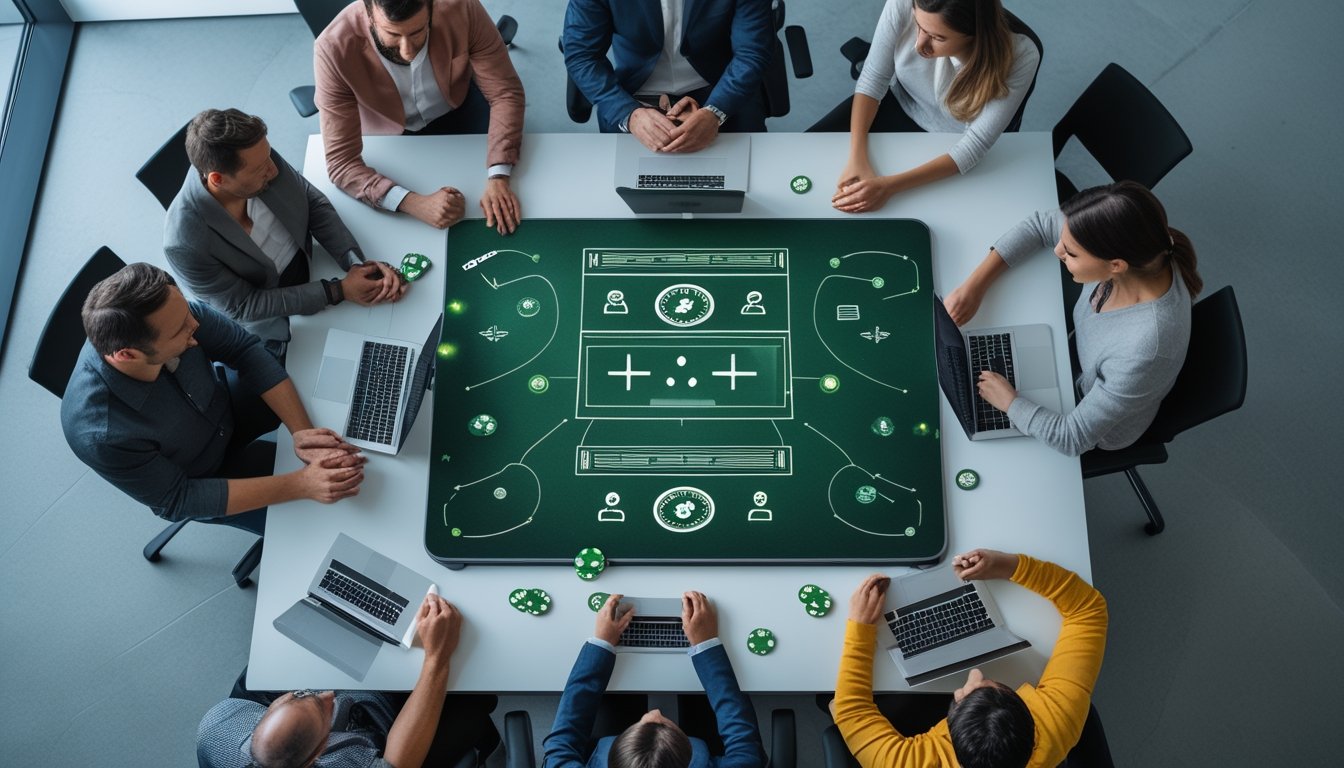 Sekelompok orang dewasa mendiskusikan komunitas taruhan daring menggunakan laptop, kartu, dan chip poker di ruang kerja modern.