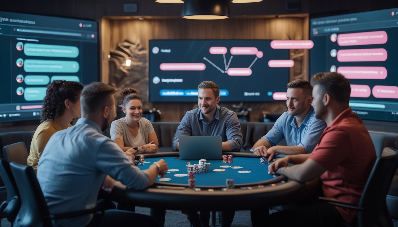Sekelompok orang dewasa berdiskusi ramah tentang permainan poker sambil menggunakan perangkat digital di sekitar meja permainan.