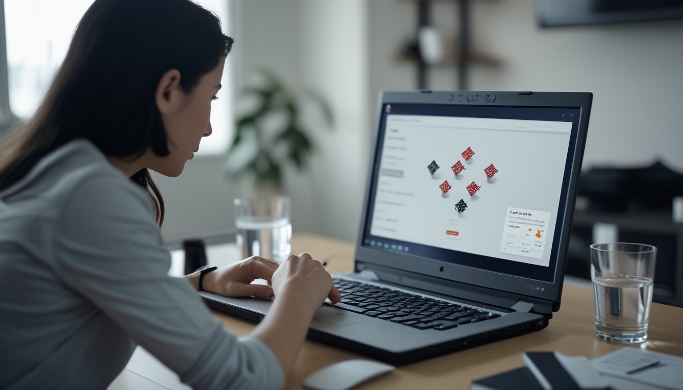 Orang dewasa mengendalikan emosi saat bermain kartu online di depan laptop.