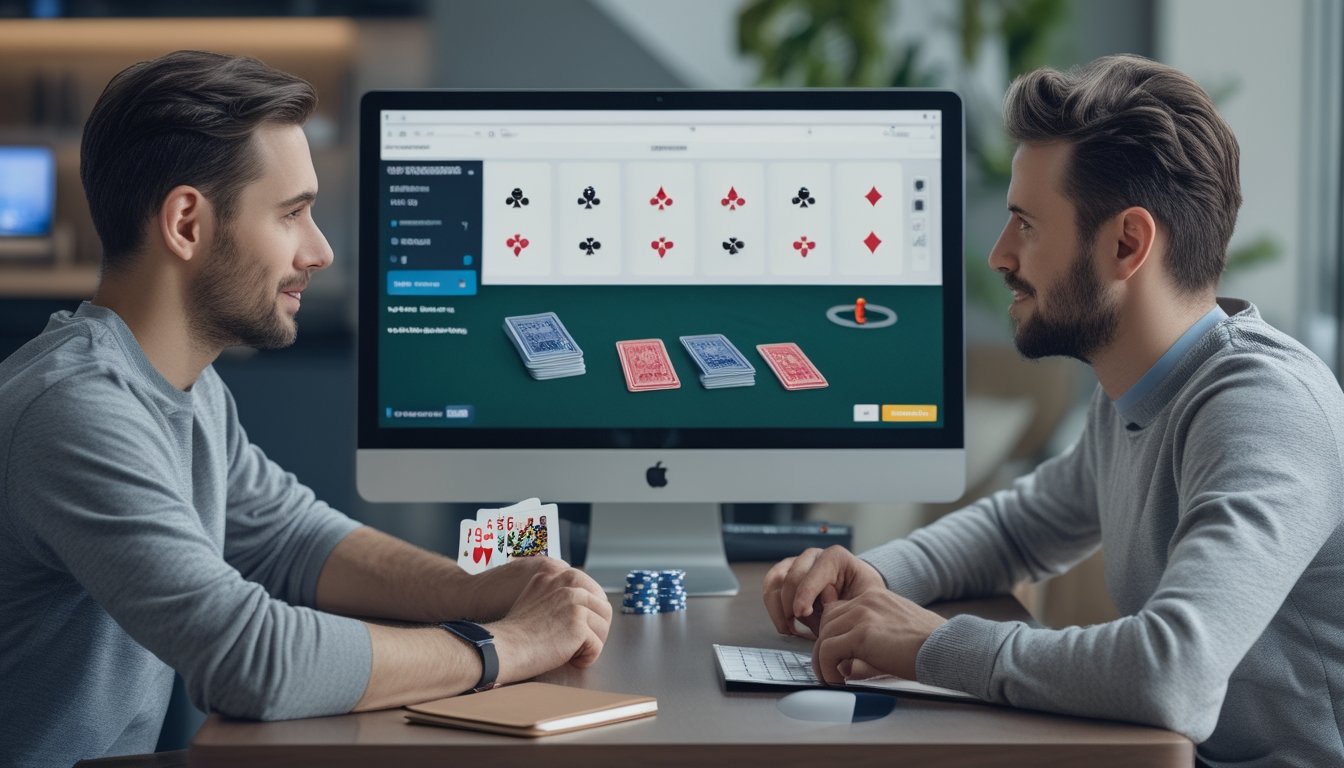 Dua orang dewasa bermain poker online di depan laptop dengan kartu dan keping poker di meja.