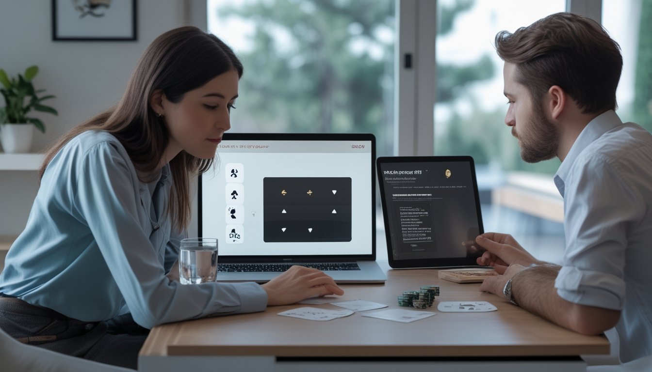 Dua orang dewasa mempelajari permainan poker online di depan laptop dengan kartu dan keping poker di atas meja.