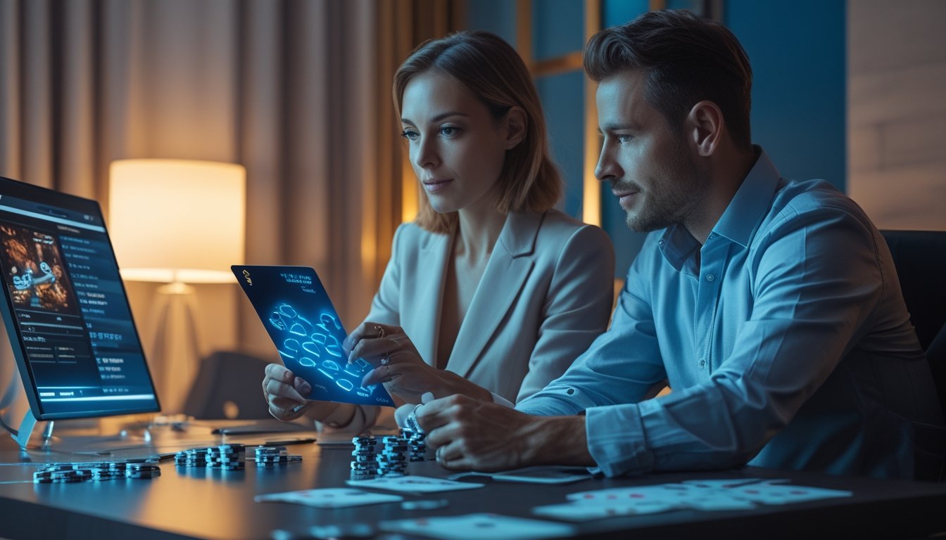 Dua orang dewasa menganalisis kartu dan chip di meja dengan laptop yang menampilkan permainan kartu digital.