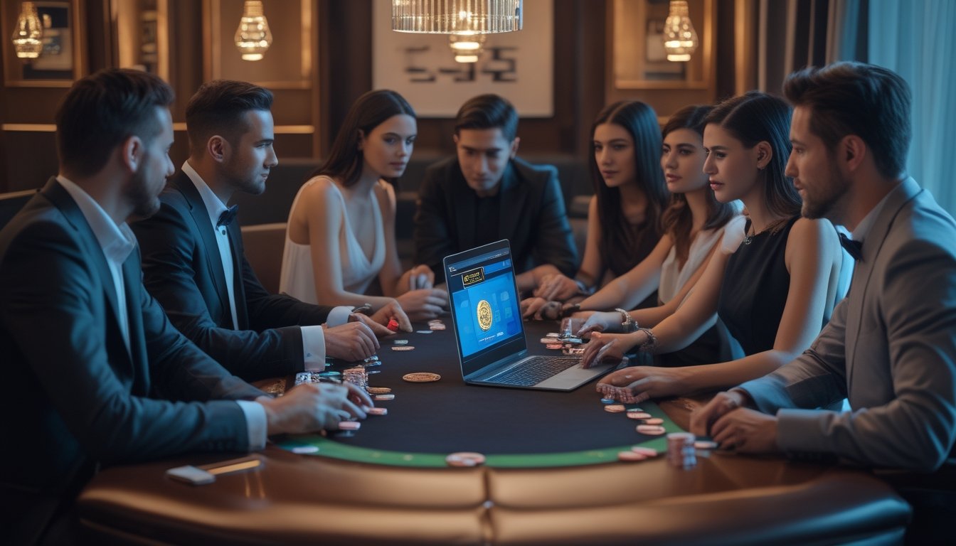 Sekelompok orang dewasa bermain poker di lounge modern dengan kartu, keping poker, dan laptop.