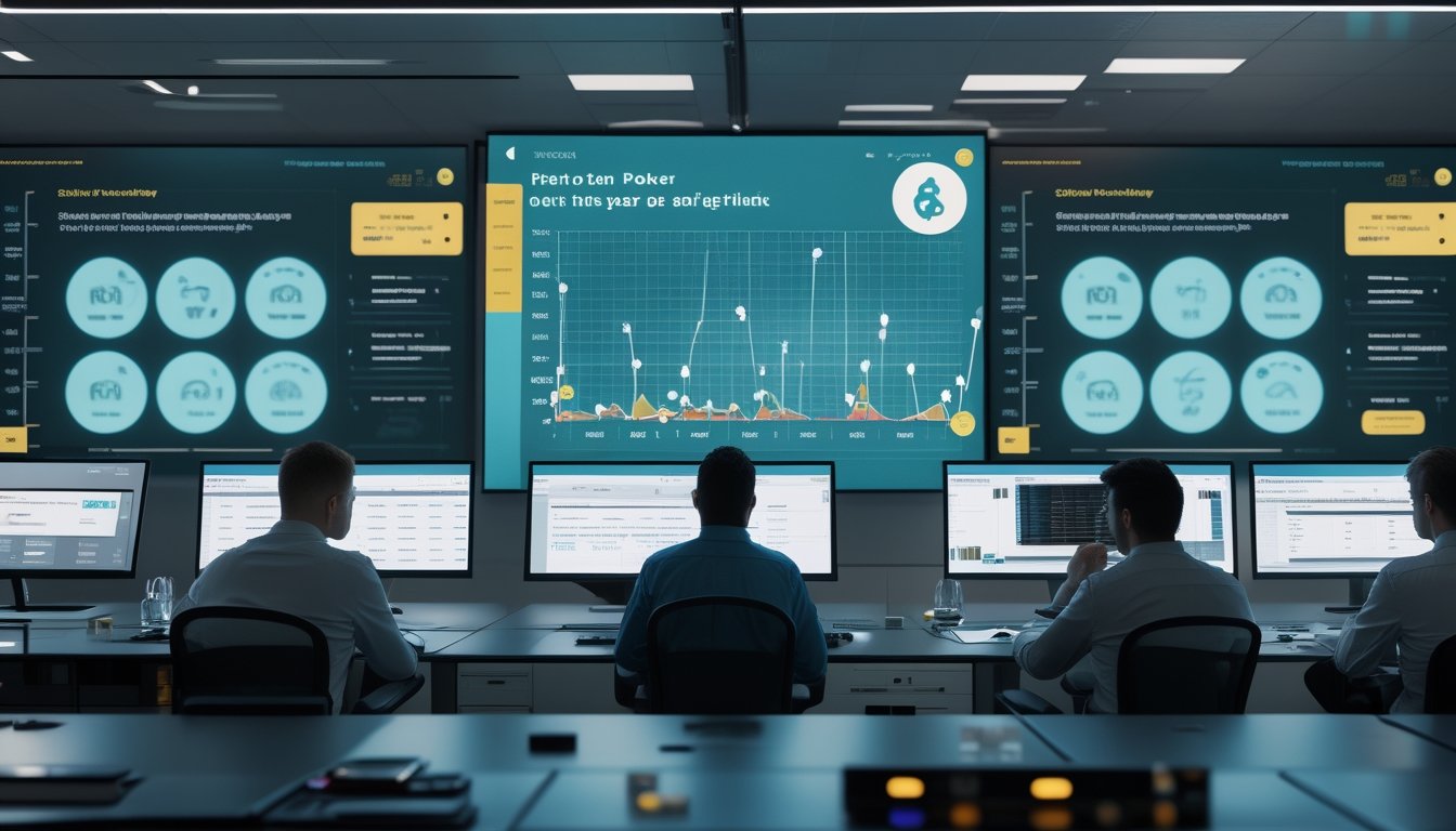 Tim analis keamanan siber meninjau tren dan perlindungan data pada platform poker daring di kantor modern.