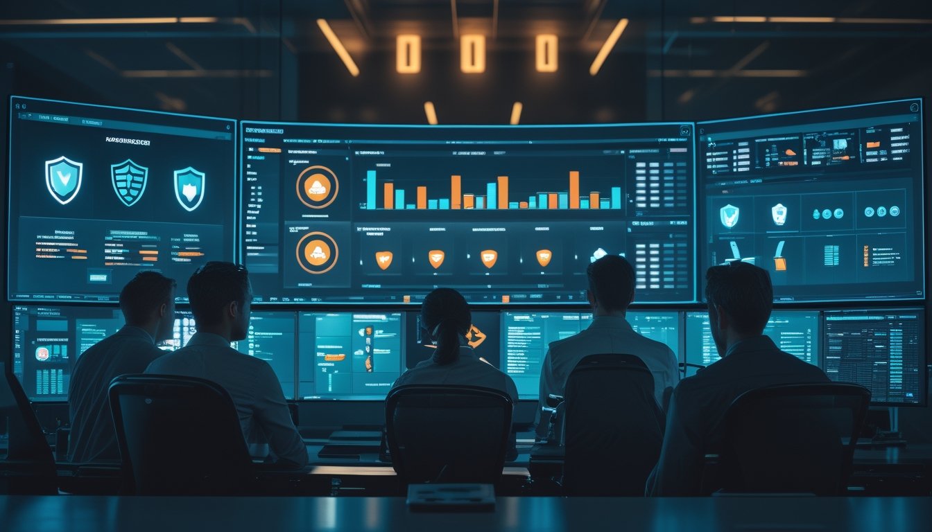 Tim analis keamanan memantau indikator perlindungan data dan aktivitas platform daring di ruang kerja modern.