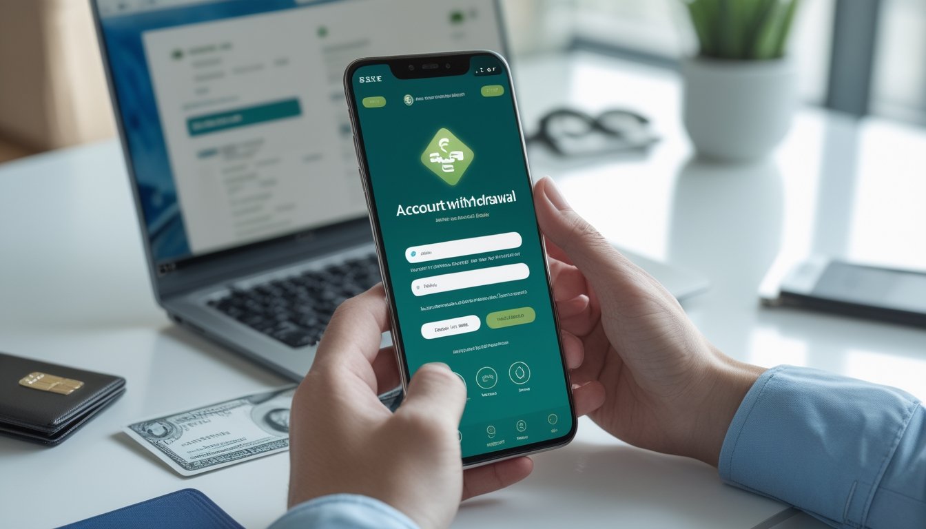 Tangan seseorang menggunakan ponsel dengan tampilan pendaftaran akun digital dan simbol pencairan dana di meja kerja.