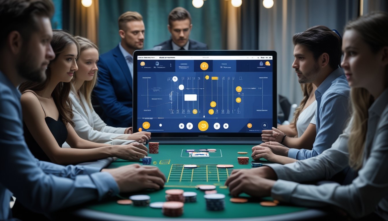 Sekelompok orang dewasa berpakaian lengkap mempelajari kartu, chip, dan grafik probabilitas di meja poker.