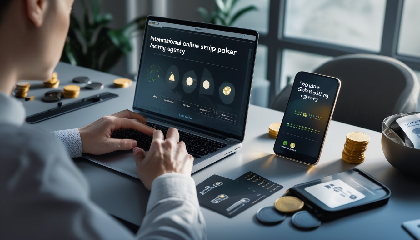 Orang dewasa meninjau platform permainan internasional di laptop dengan kartu remi, chip poker, ponsel, dan globe di meja.
