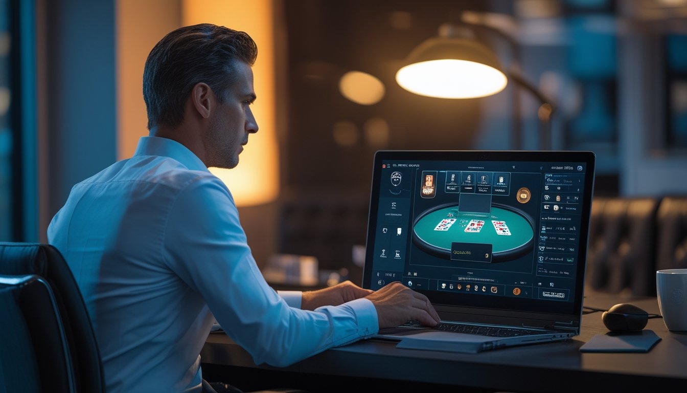 Seorang pemain poker dewasa tampak fokus mengamati meja poker virtual di laptop dalam ruang kerja mewah.