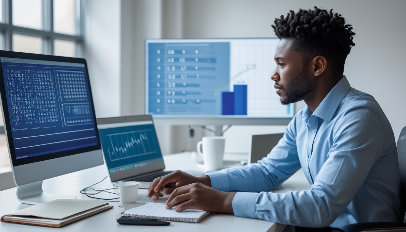 Seorang analis memeriksa grafik probabilitas dan pola angka acak di meja kerja modern.