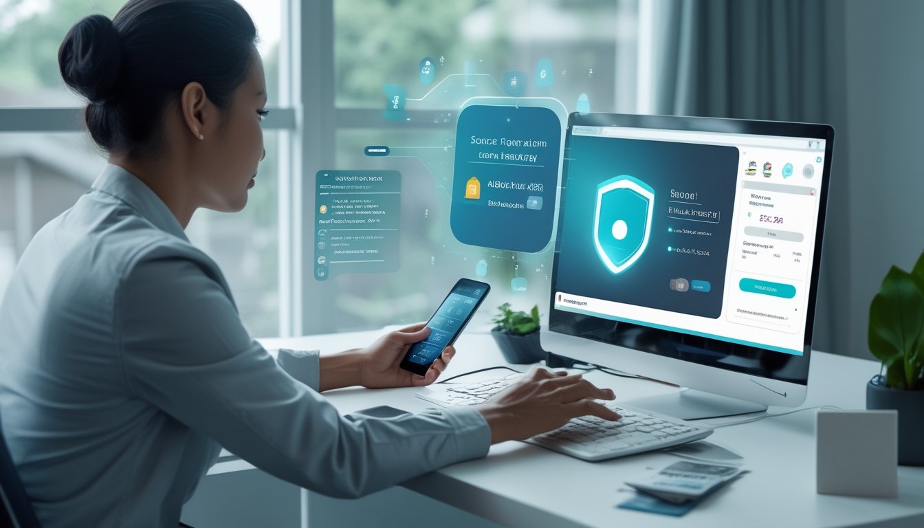 Orang dewasa menggunakan laptop dan ponsel untuk melakukan transaksi pembayaran digital dengan simbol keamanan.