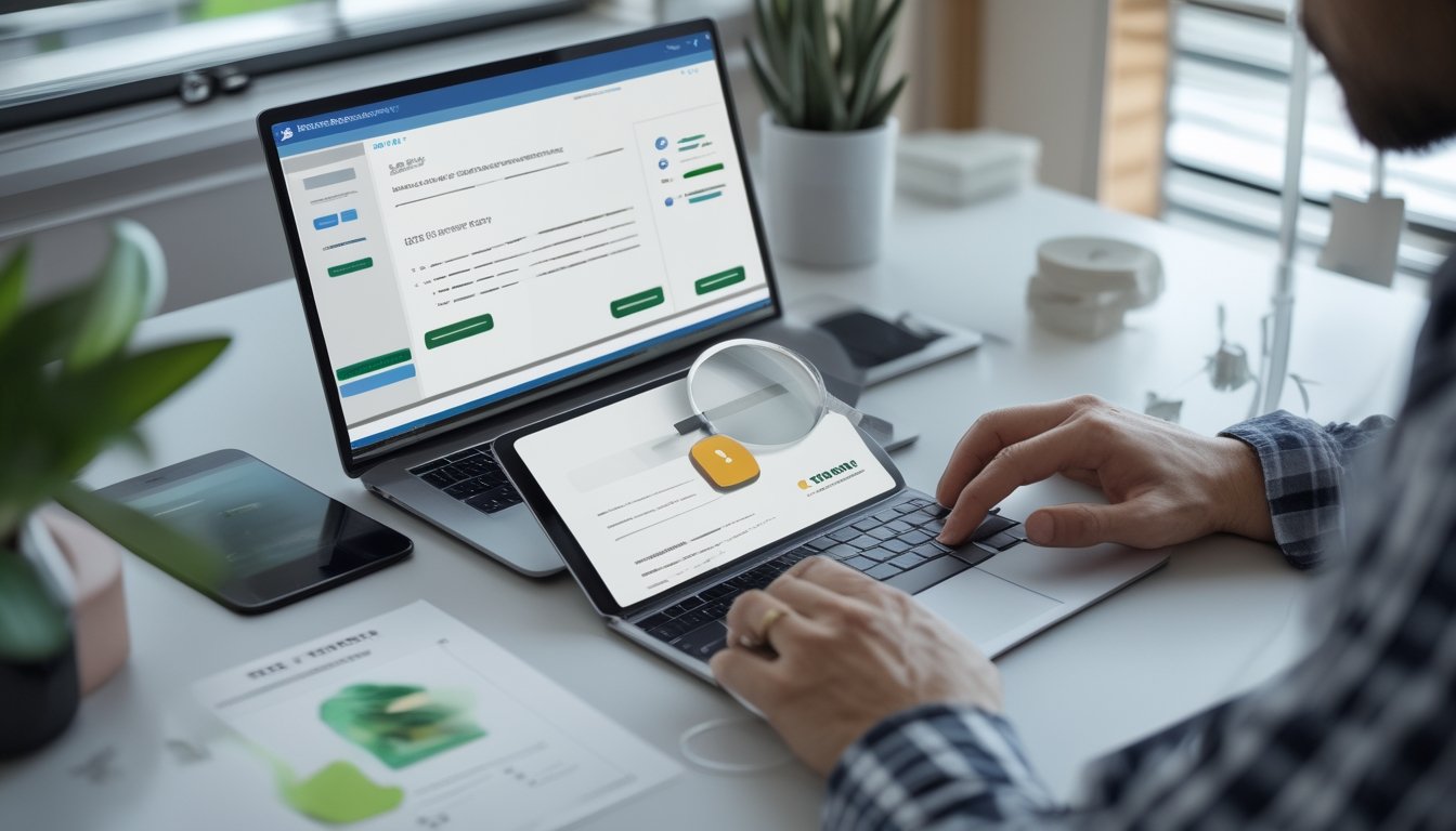 Seseorang memeriksa keamanan dan legalitas platform digital menggunakan laptop dan ponsel di meja kerja.