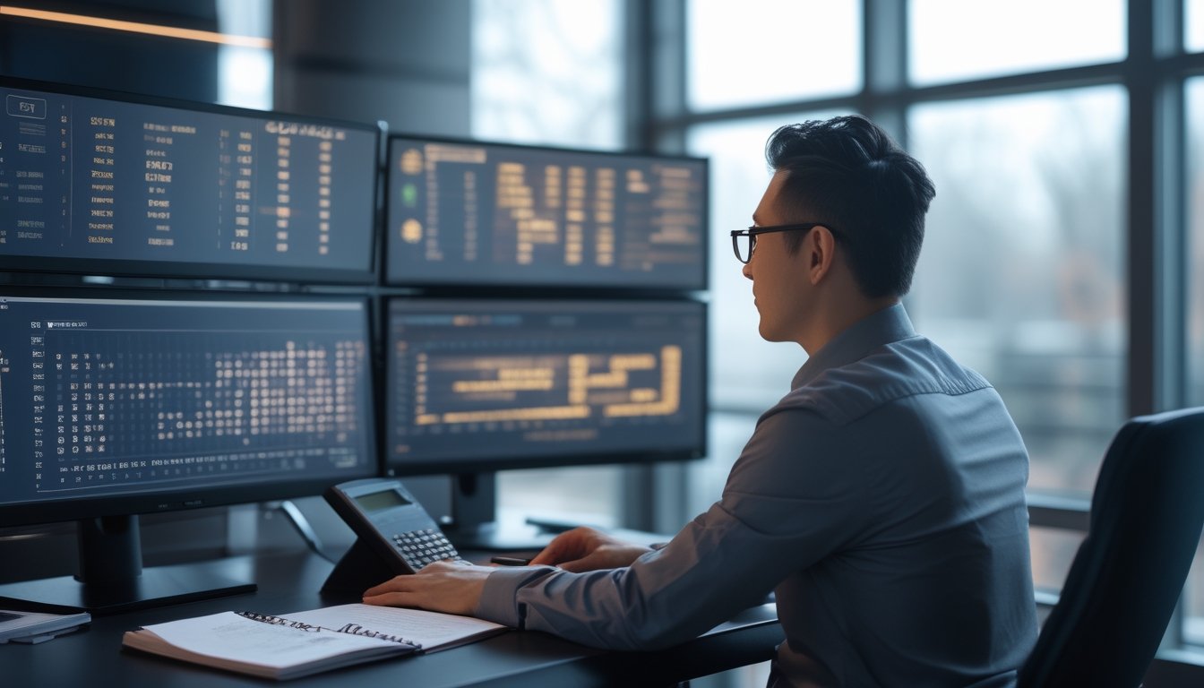 Seorang analis mempelajari pola data abstrak di meja kerja dengan beberapa layar dan alat tulis.