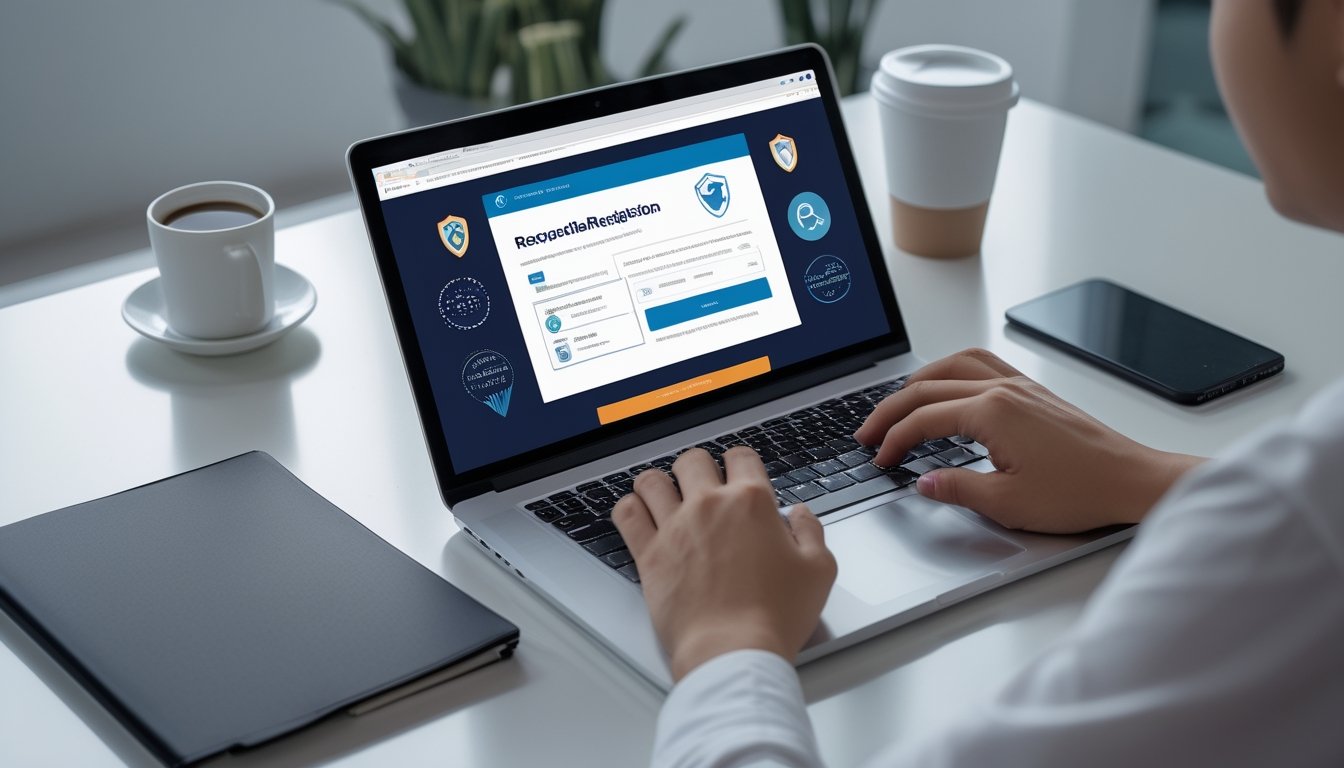 Seseorang memeriksa keamanan dan kredibilitas platform online melalui laptop di ruang kerja.
