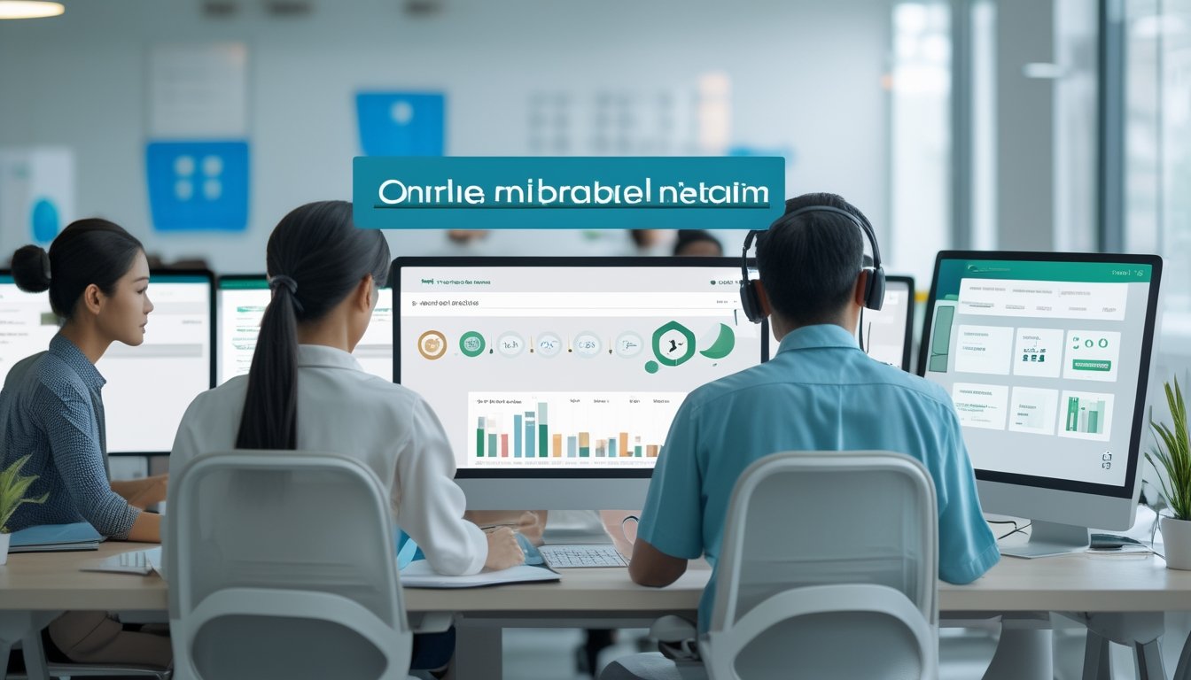 Tim layanan pelanggan Indonesia bekerja di kantor modern sambil meninjau dasbor digital.