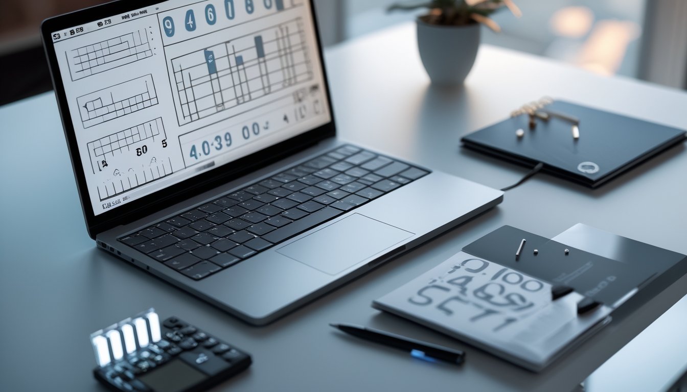 Meja kerja dengan laptop berisi visualisasi probabilitas, kalkulator, dan token angka dua digit.