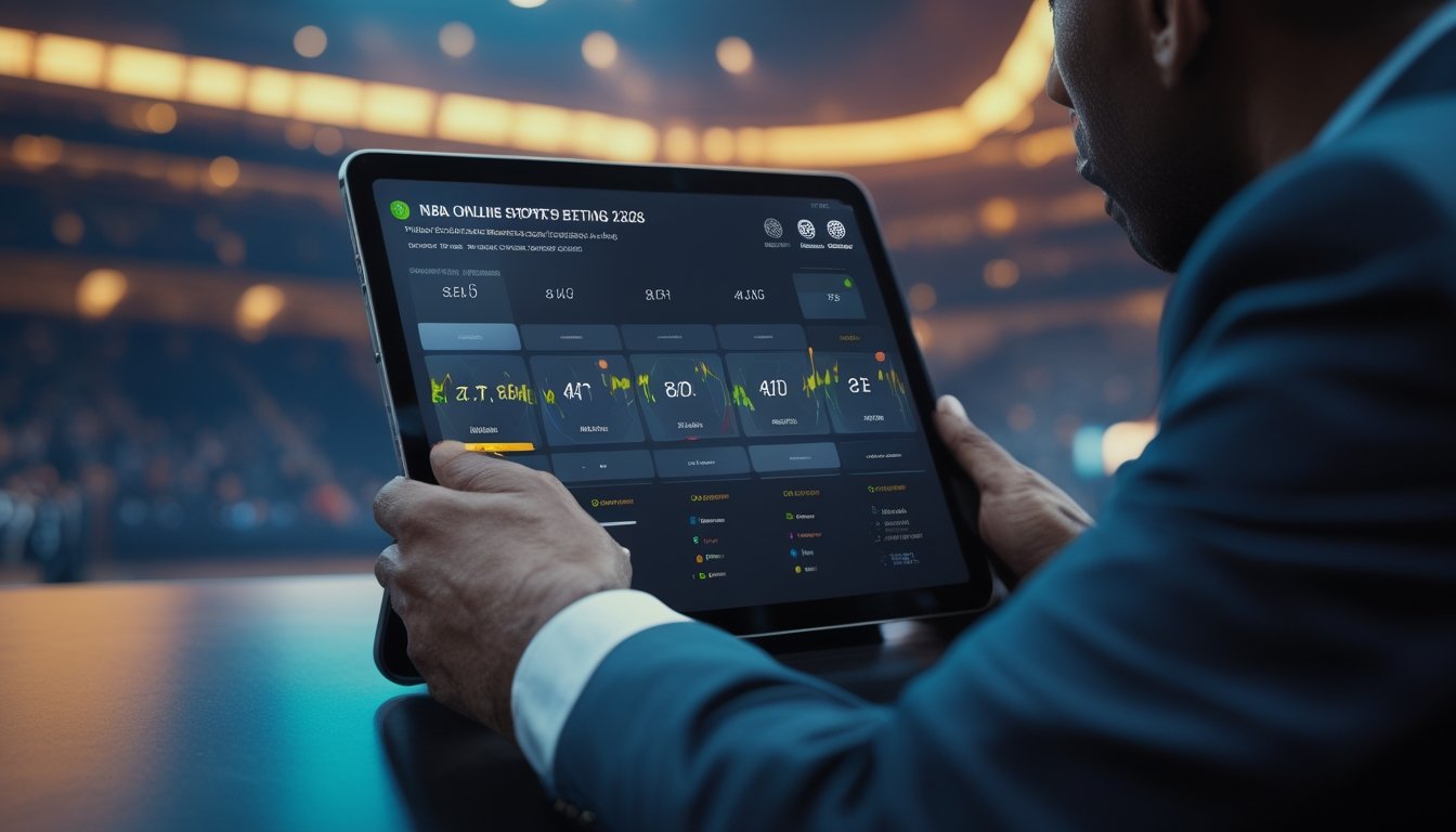 Penggemar basket menggunakan tablet dengan tampilan analitik pertandingan di arena basket.