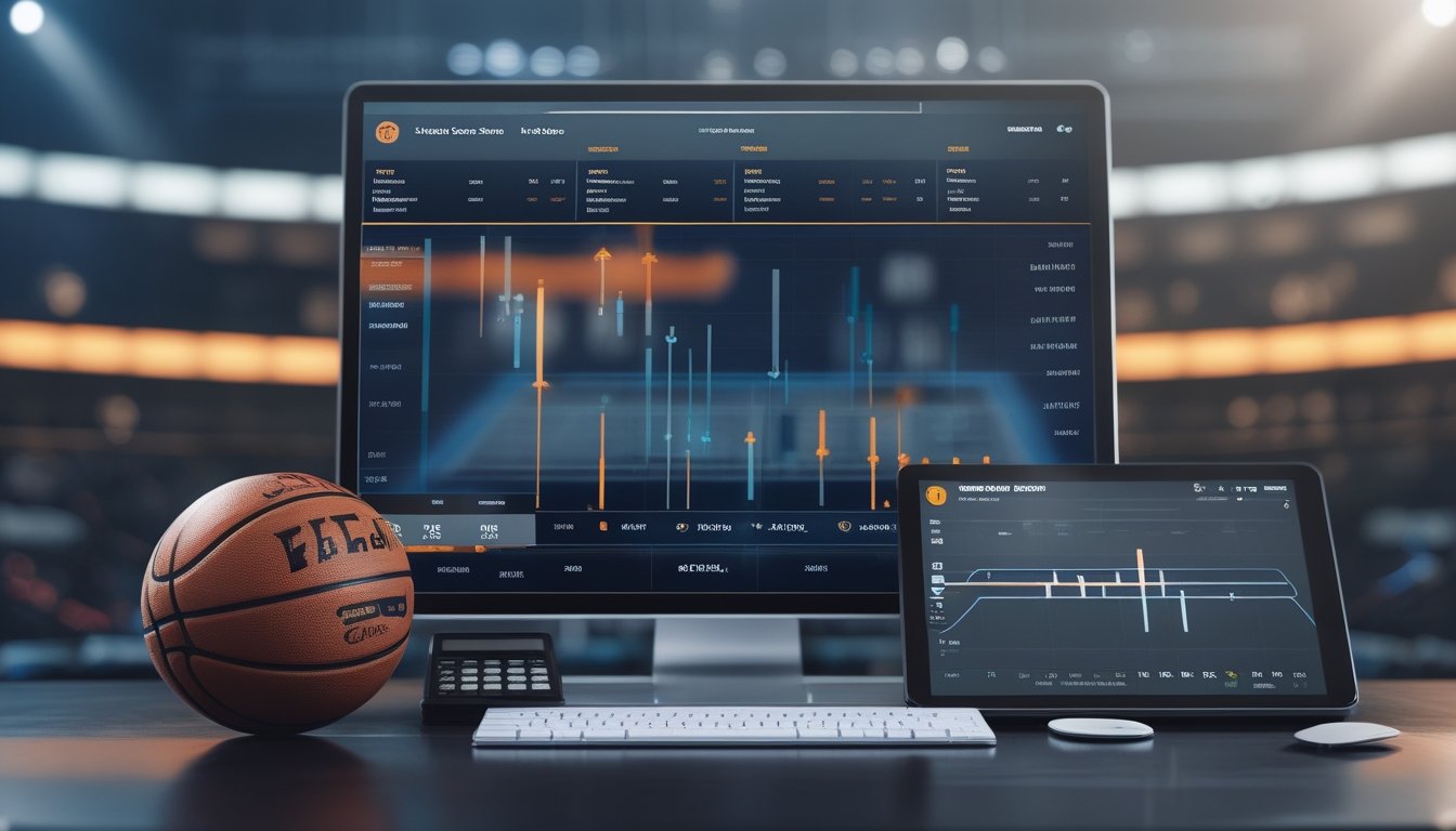 Analis olahraga meninjau data pertandingan basket NBA di meja kerja dengan monitor analitik dan bola basket.
