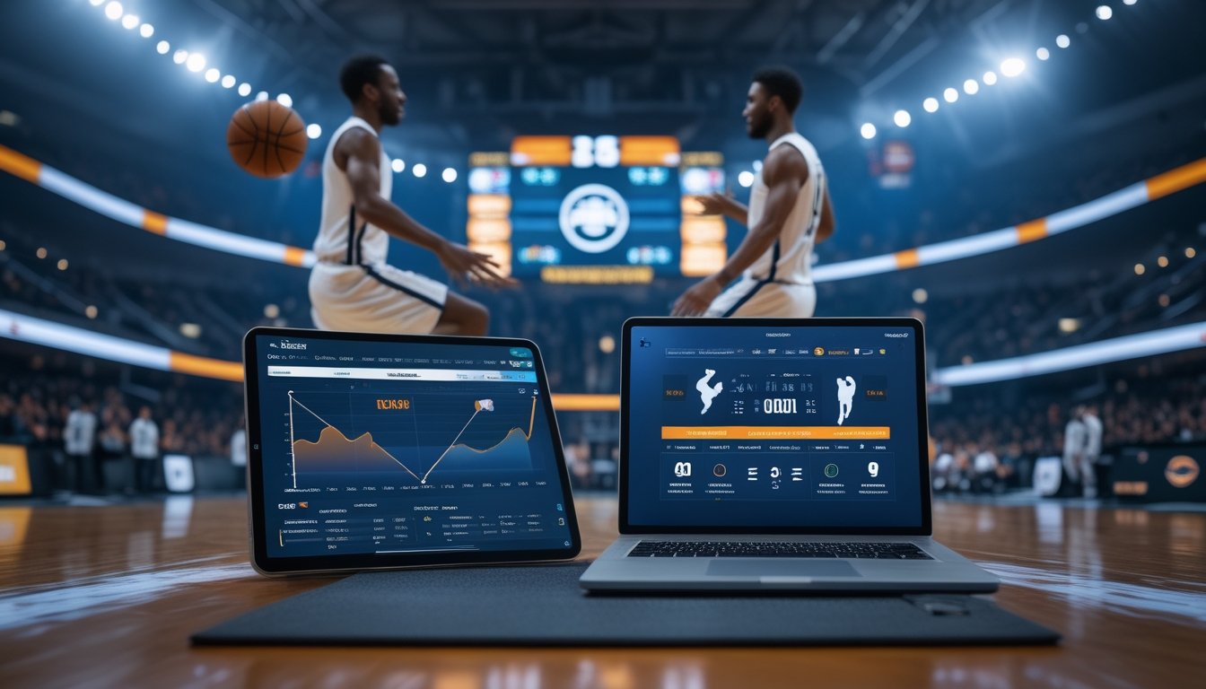 Pertandingan bola basket profesional dengan perangkat analitik yang menampilkan grafik statistik abstrak di sisi lapangan.