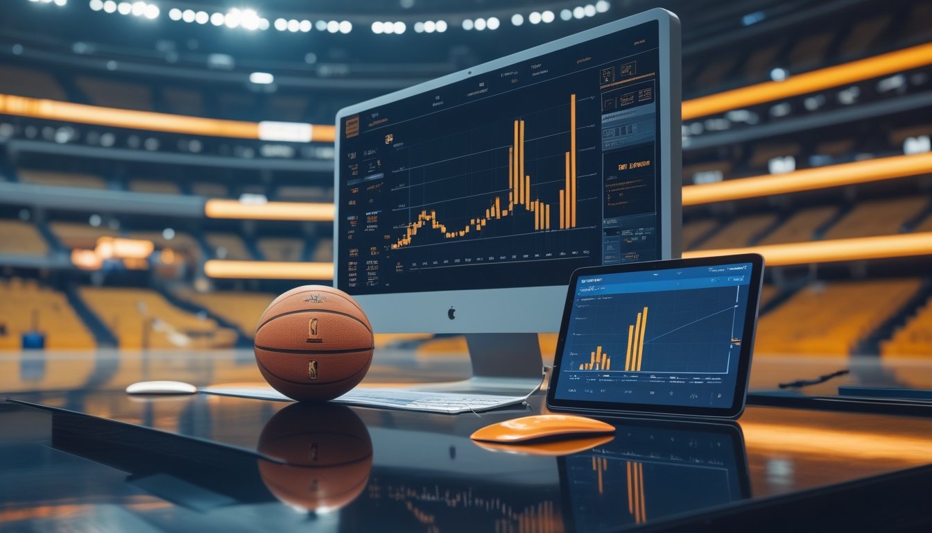 Meja analitik olahraga dengan bola basket, layar statistik pertandingan, dan arena basket yang terlihat samar di latar belakang.