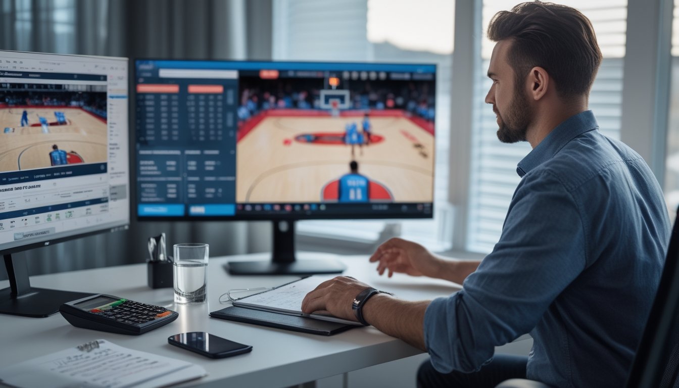 Seorang penggemar basket mengatur anggaran dengan kalkulator dan catatan sambil menonton pertandingan NBA di komputer.