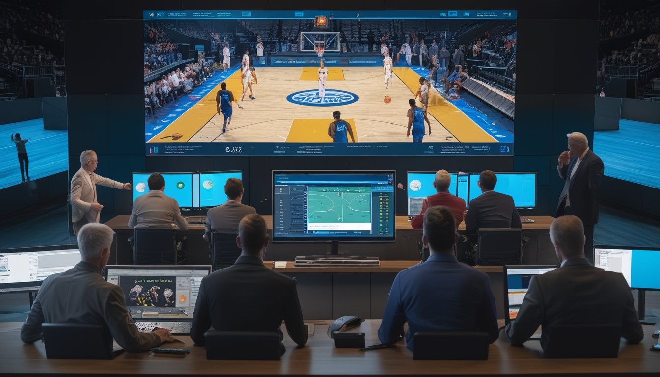 Sekelompok analis olahraga menyaksikan pertandingan bola basket melalui beberapa perangkat di ruang kerja modern.