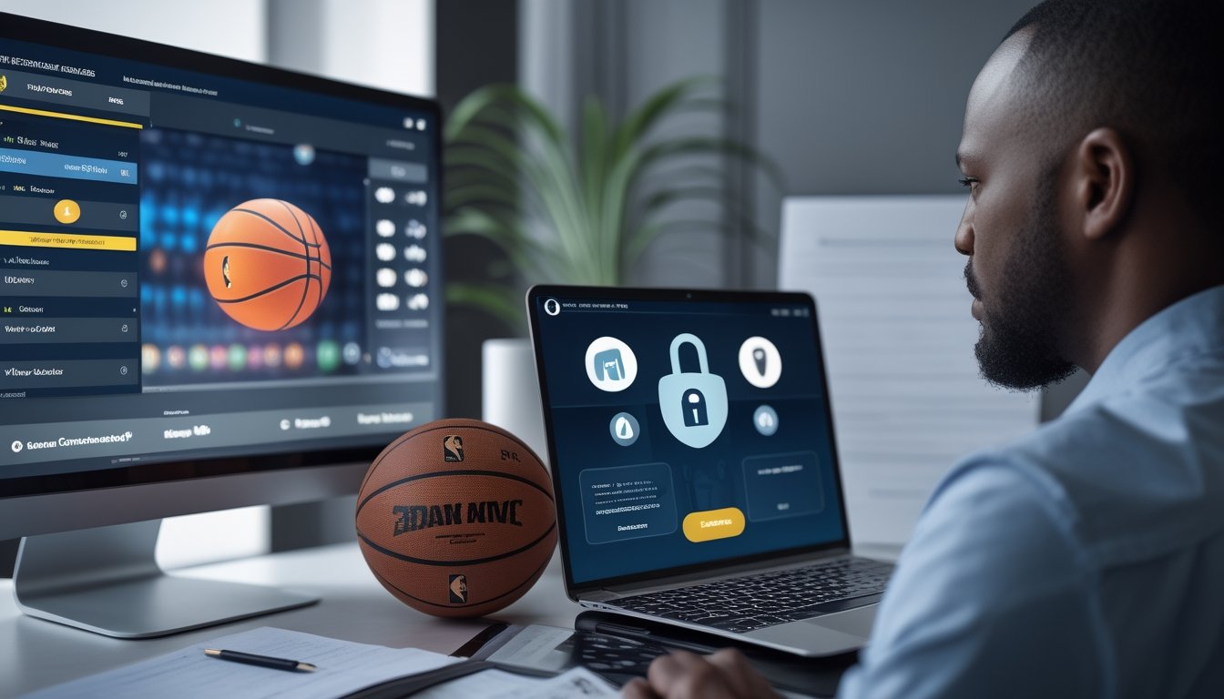 Analis meninjau keamanan dan legalitas platform taruhan NBA online di ruang kerja modern.