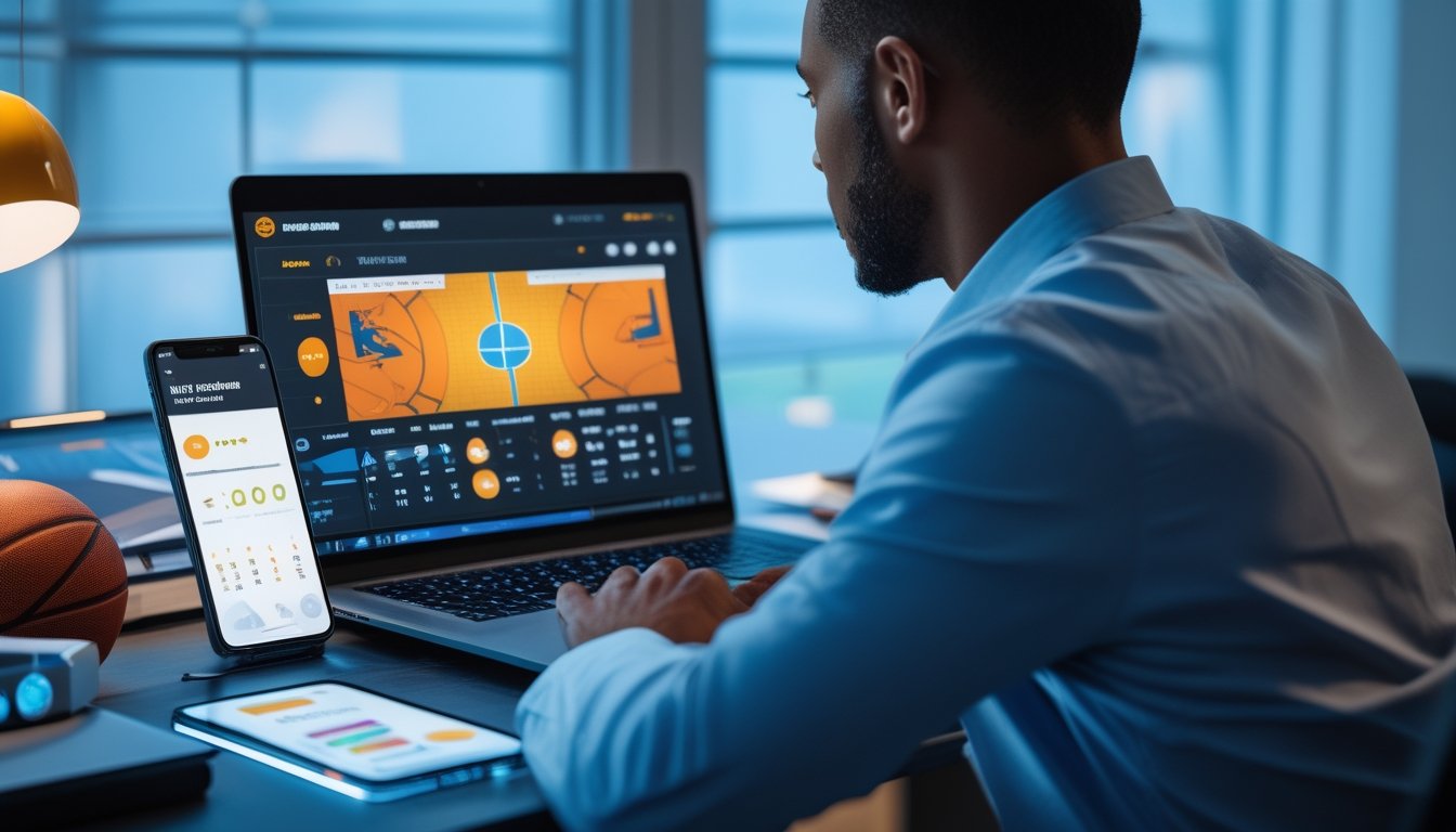 Seseorang menggunakan laptop dengan tampilan pertandingan bola basket dan indikator hadiah cashback harian.