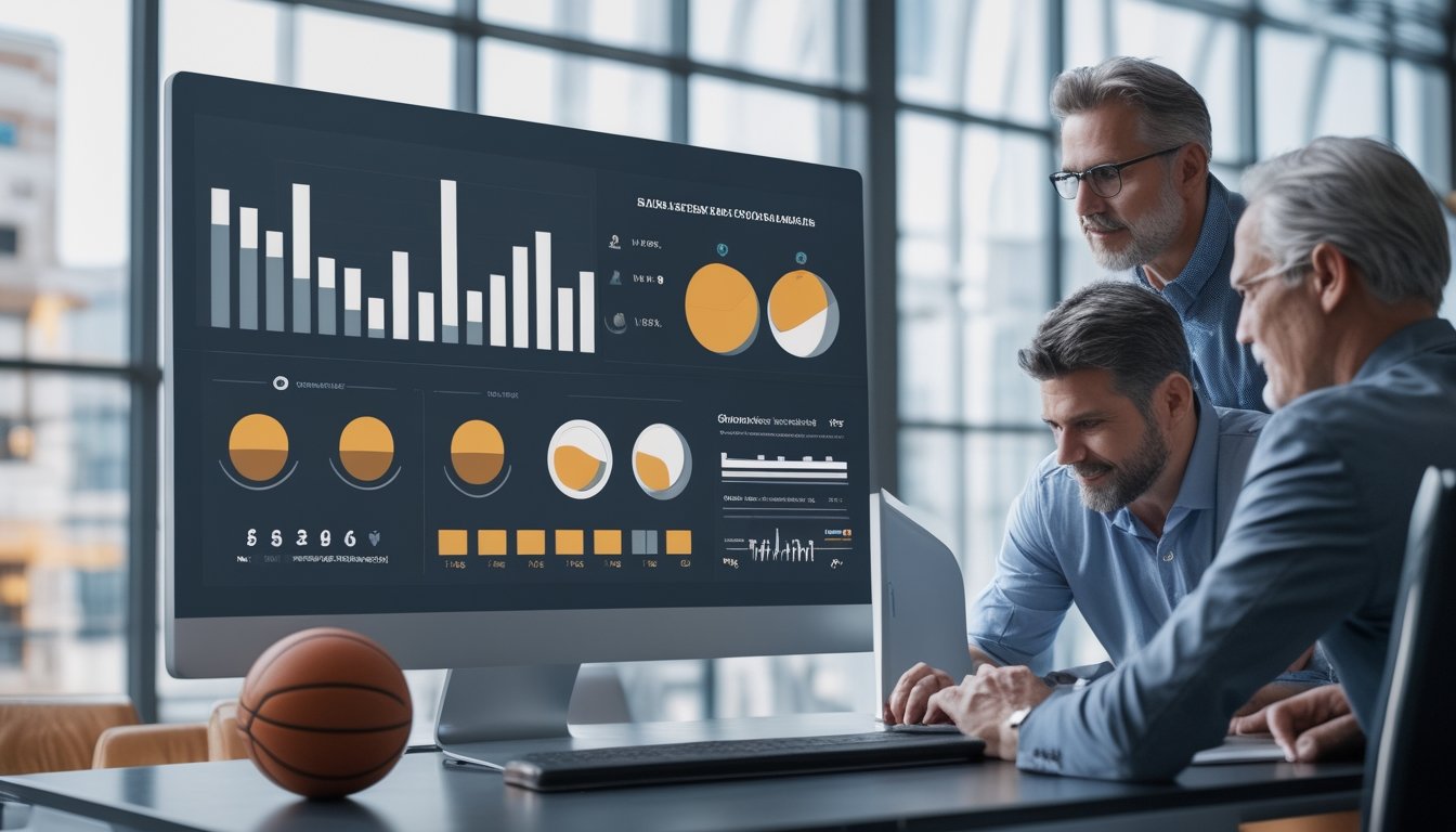 Tim analis membandingkan data taruhan bola basket pada layar di ruang kerja modern.