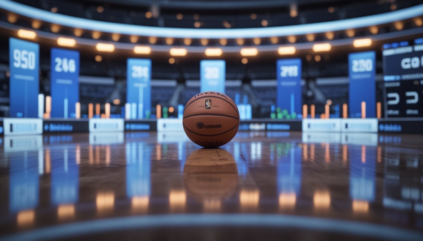 Bola basket di meja analisis dengan tampilan grafik abstrak dan suasana lapangan basket di latar belakang.