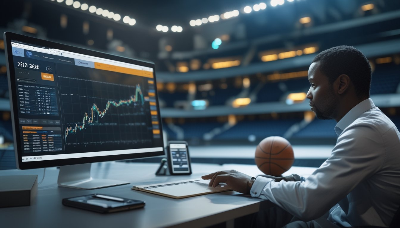 Seorang analis meninjau data musim basket di ruang kerja modern dengan bola basket dan arena di latar belakang.