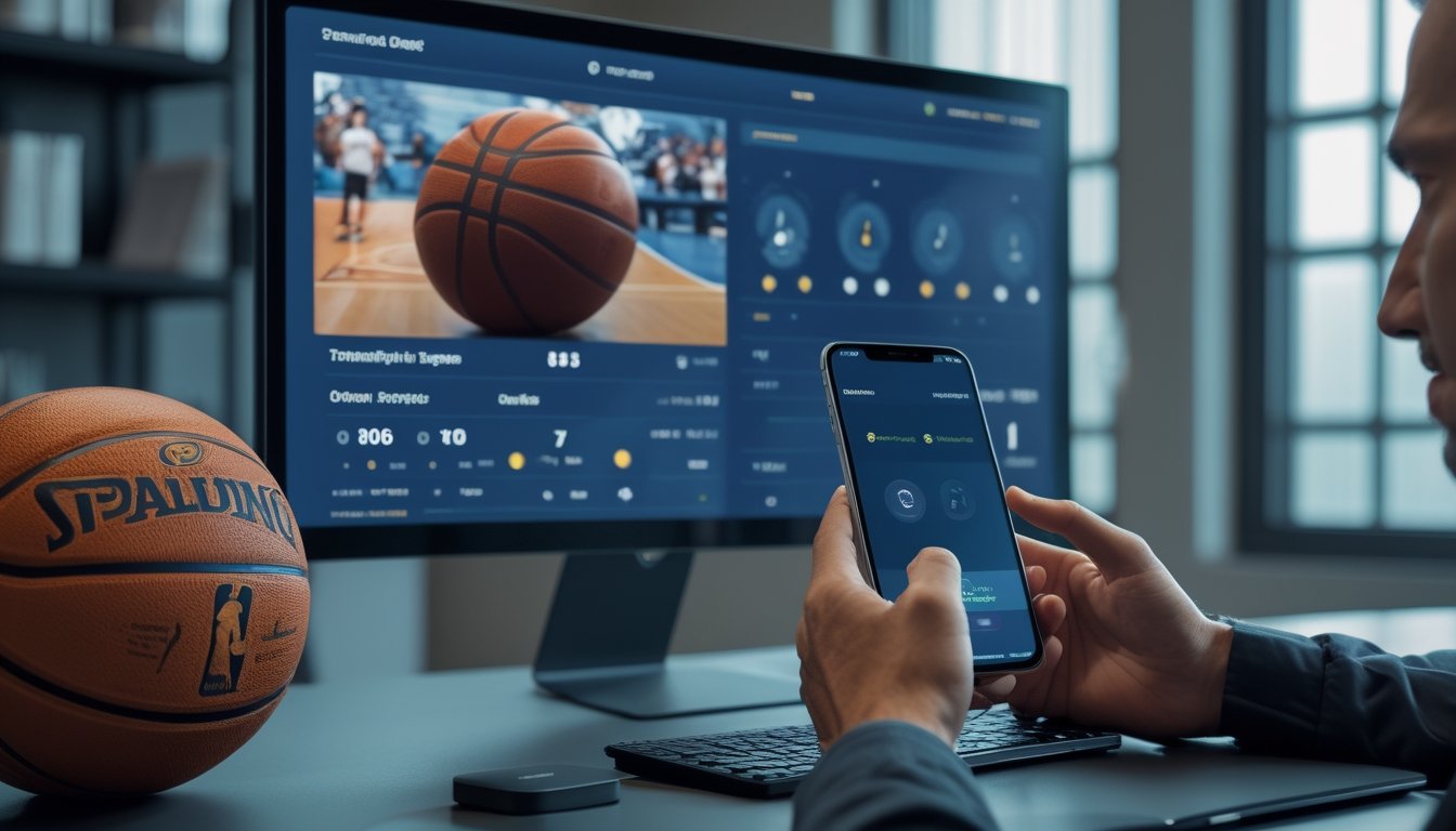 Seseorang menggunakan ponsel di depan layar pertandingan basket dengan bola basket di atas meja.