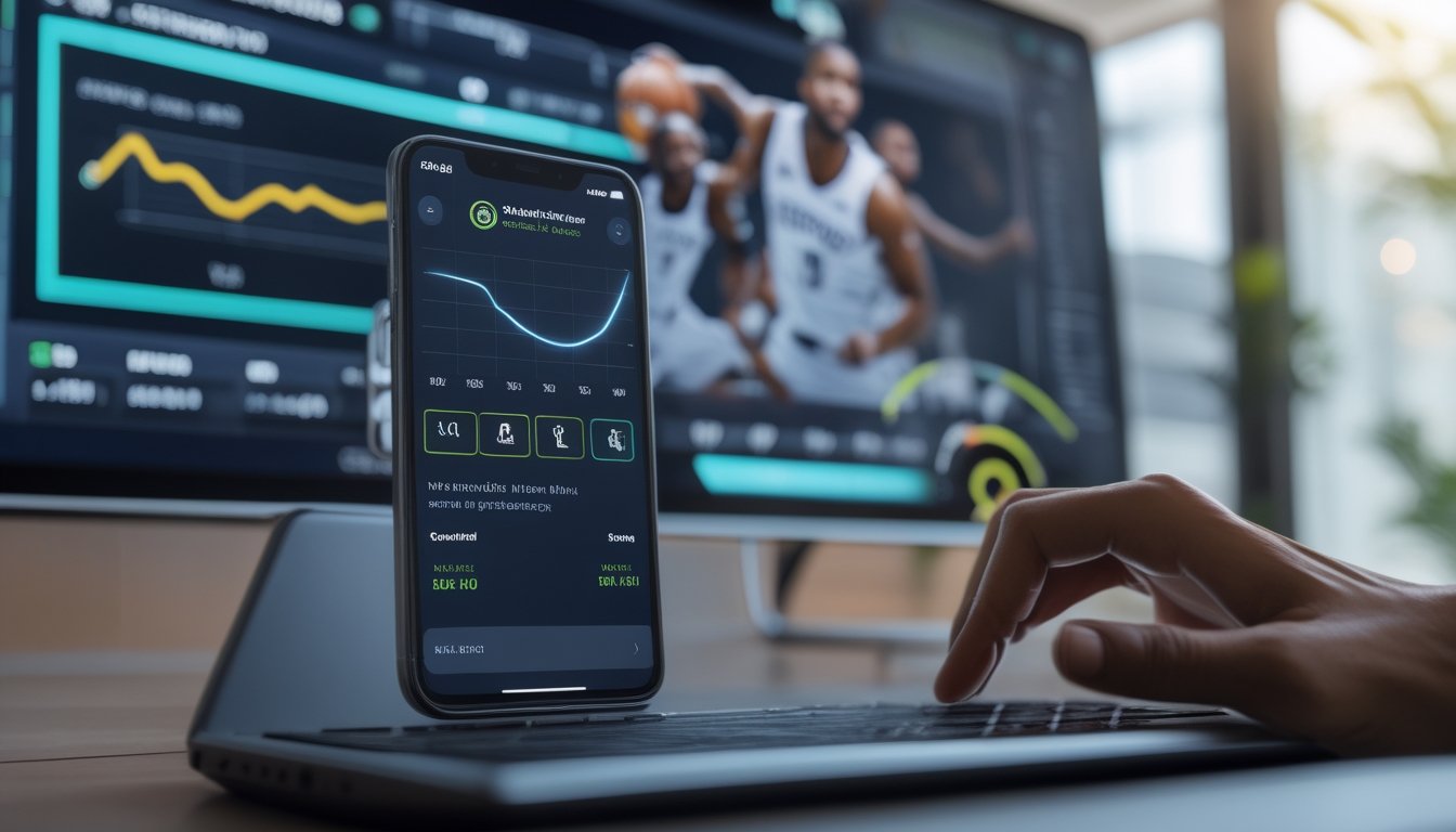 Seseorang meninjau opsi pencairan dana di ponsel saat pertandingan bola basket berlangsung di layar latar belakang.