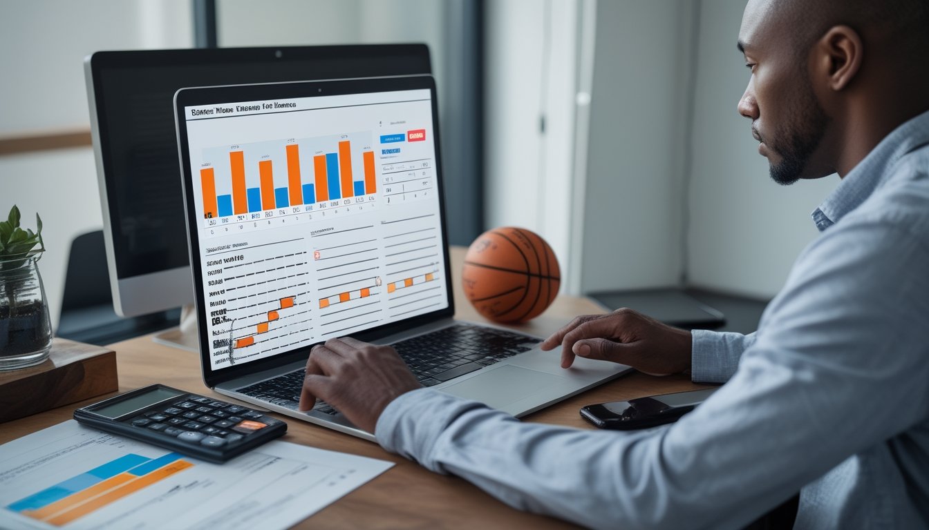Seseorang menganalisis statistik bola basket dan peluang taruhan di meja kerja dengan laptop, kalkulator, dan ponsel.