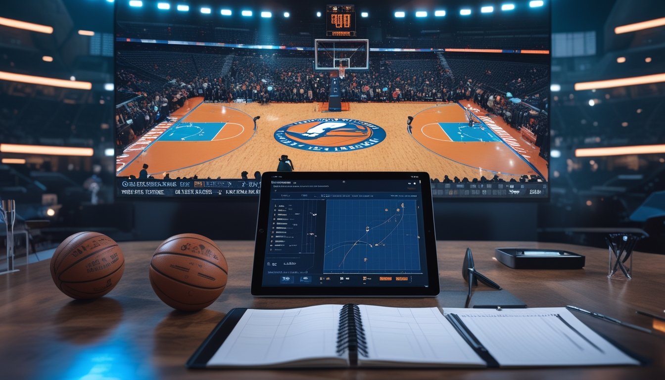 Meja analisis olahraga dengan bola basket, tablet berisi grafik abstrak, dan suasana pertandingan playoff di layar.