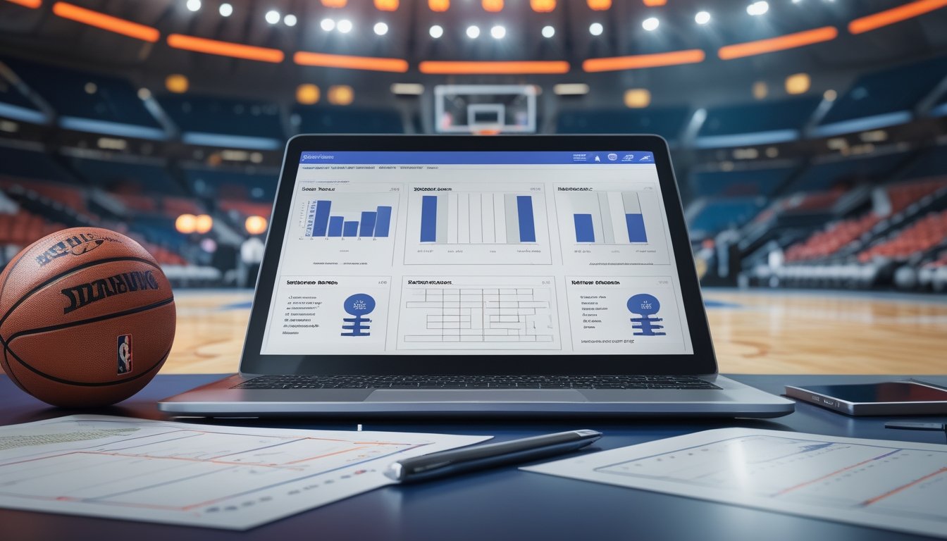 Meja analis olahraga dengan bola basket, laptop, tablet, dan grafik pertandingan di depan arena basket yang samar.