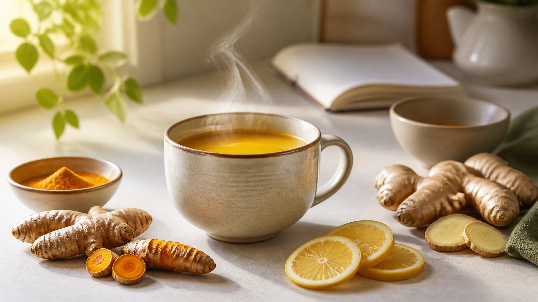 A steaming cup of golden turmeric tea with turmeric, ginger, and lemon on a light kitchen surface.