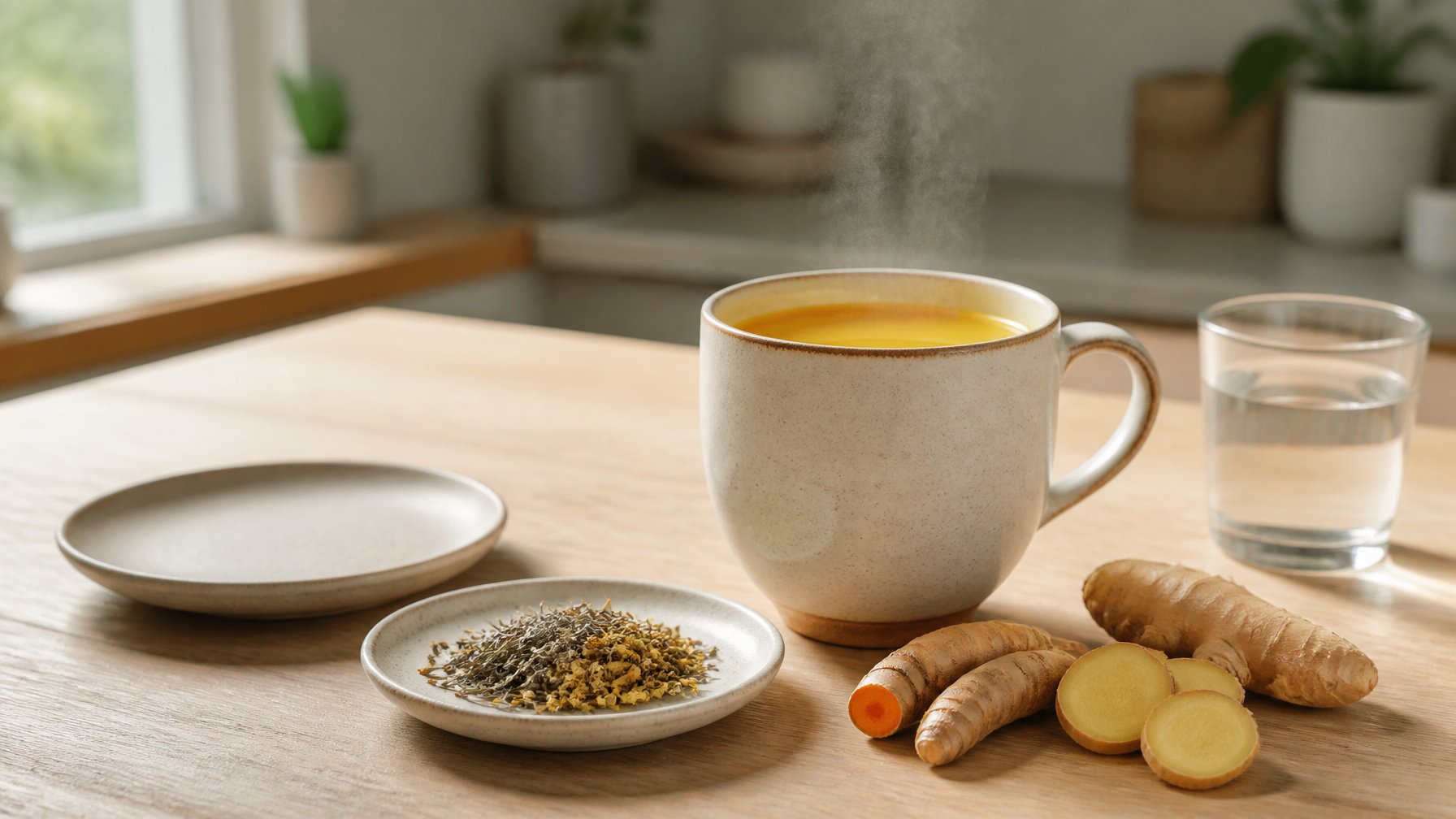 A steaming mug of golden turmeric tea with turmeric root, ginger, and a glass of water on a kitchen table.