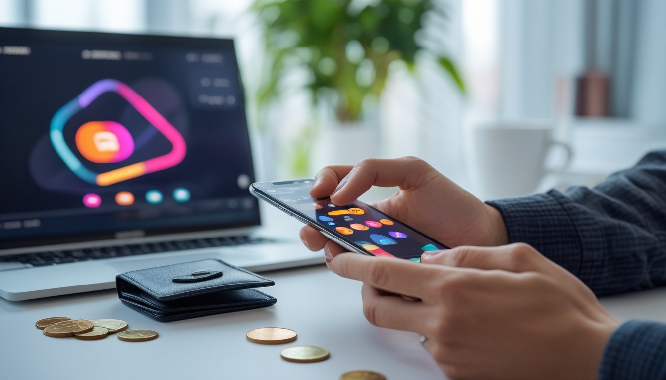 Tangan orang dewasa mengisi saldo dompet digital melalui ponsel di atas meja kerja.