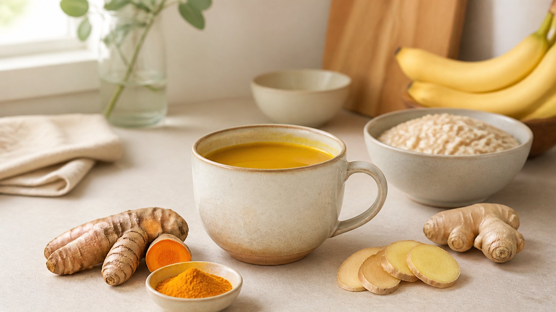 A mug of golden turmeric tea with fresh turmeric, ginger, and gentle foods arranged on a kitchen counter.