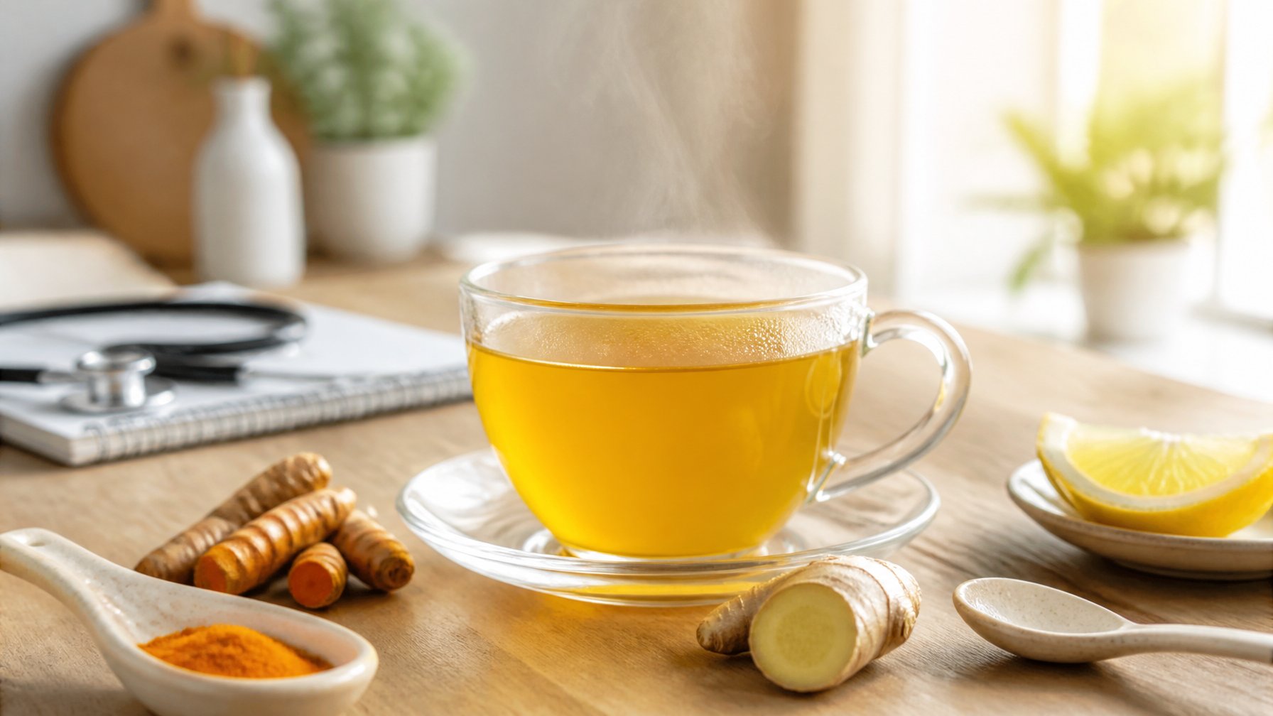 A steaming cup of golden turmeric tea with turmeric root and ginger on a sunlit kitchen table.