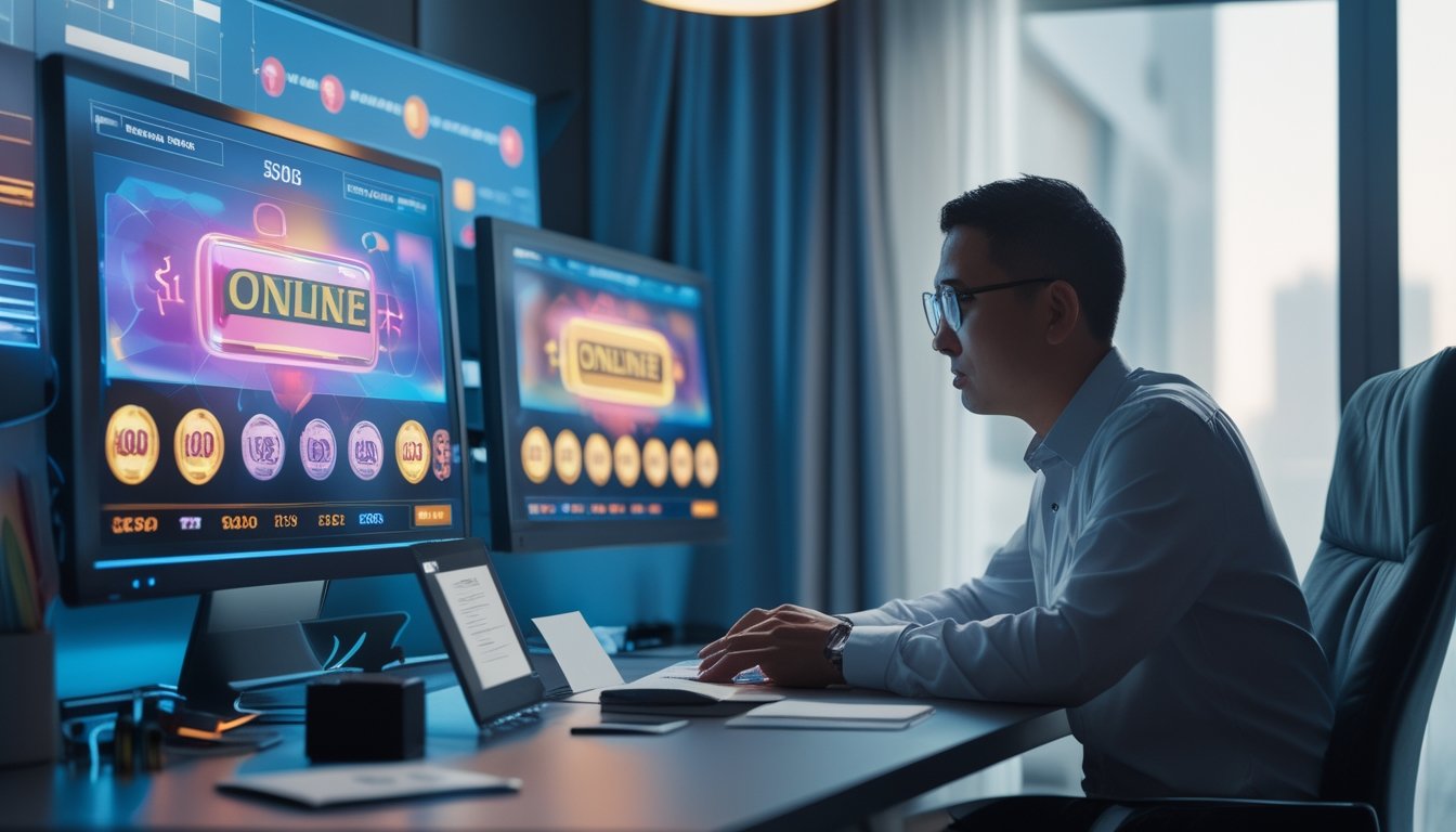 Seorang analis mempelajari grafik dan simbol permainan pada beberapa monitor di ruang kerja modern.