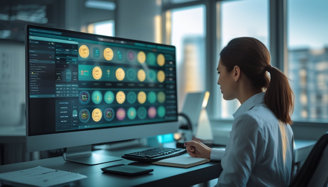 Analis sedang mempelajari pola dan grafik abstrak pada layar komputer di ruang kerja modern.