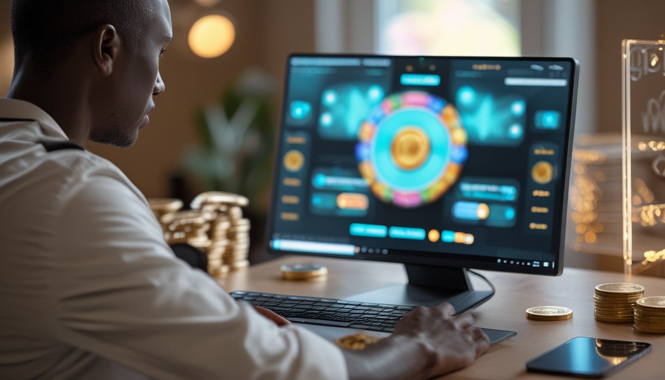 Orang dewasa menggunakan laptop dan ponsel di ruang kerja modern dengan koin emas serta elemen permainan dekoratif.