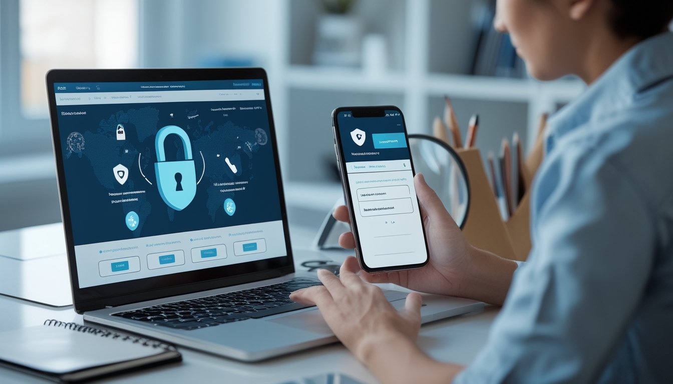 Orang dewasa memeriksa keamanan situs di laptop dengan simbol gembok dan perisai.
