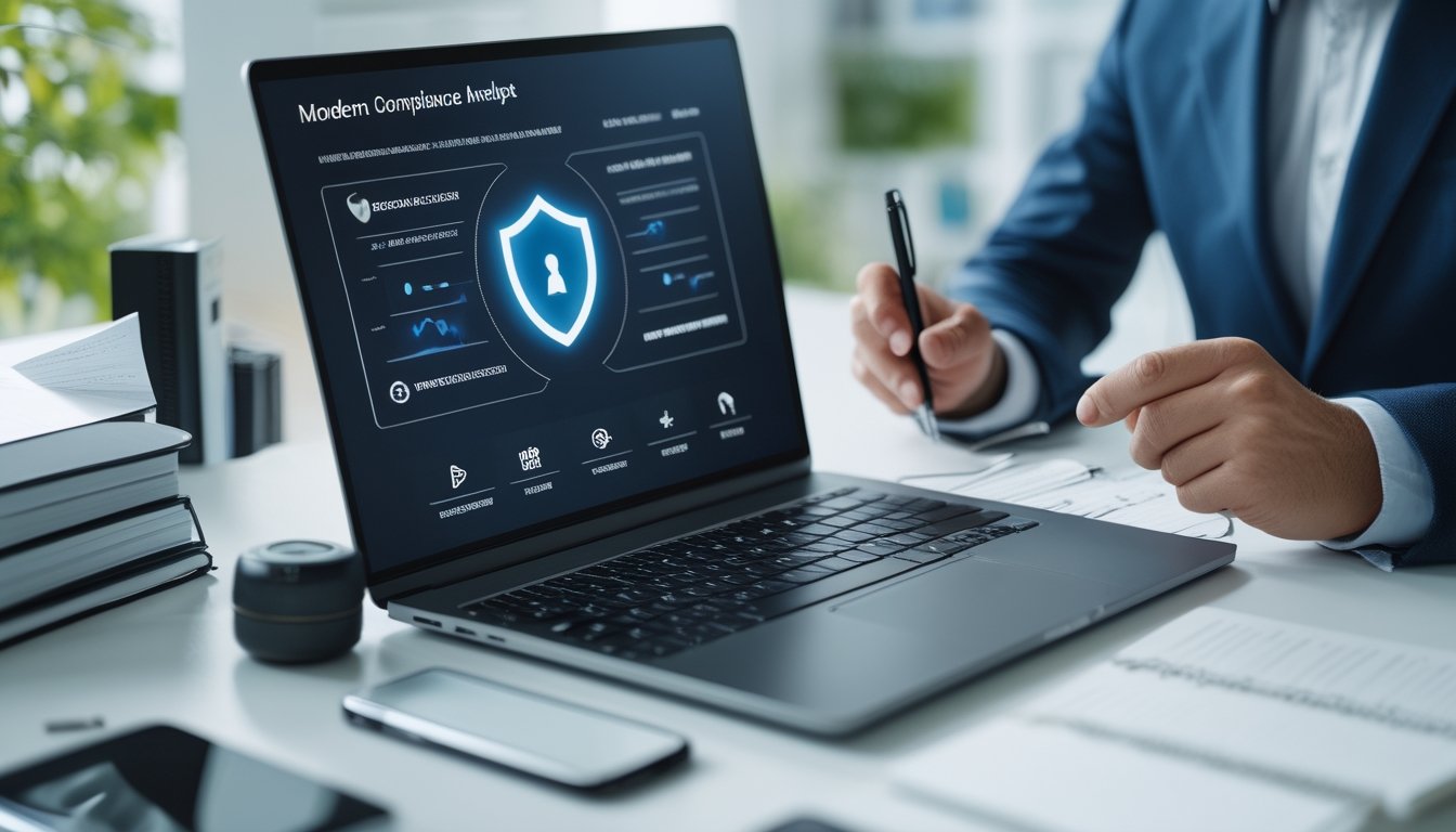 Analis kepatuhan memeriksa indikator keamanan dan kredibilitas platform digital di laptop.
