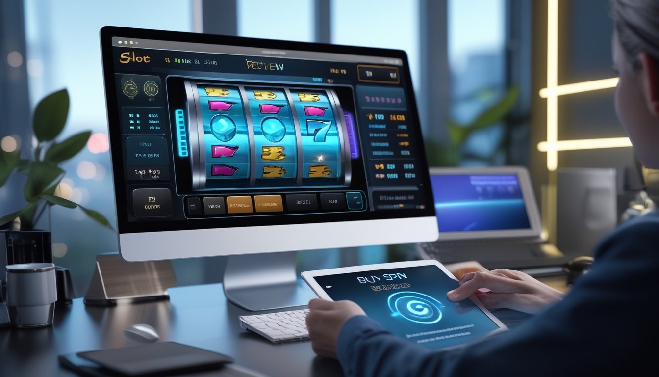 Meja kerja modern dengan monitor dan tablet yang menampilkan antarmuka permainan slot digital serta tangan seseorang yang sedang membandingkan pilihan.